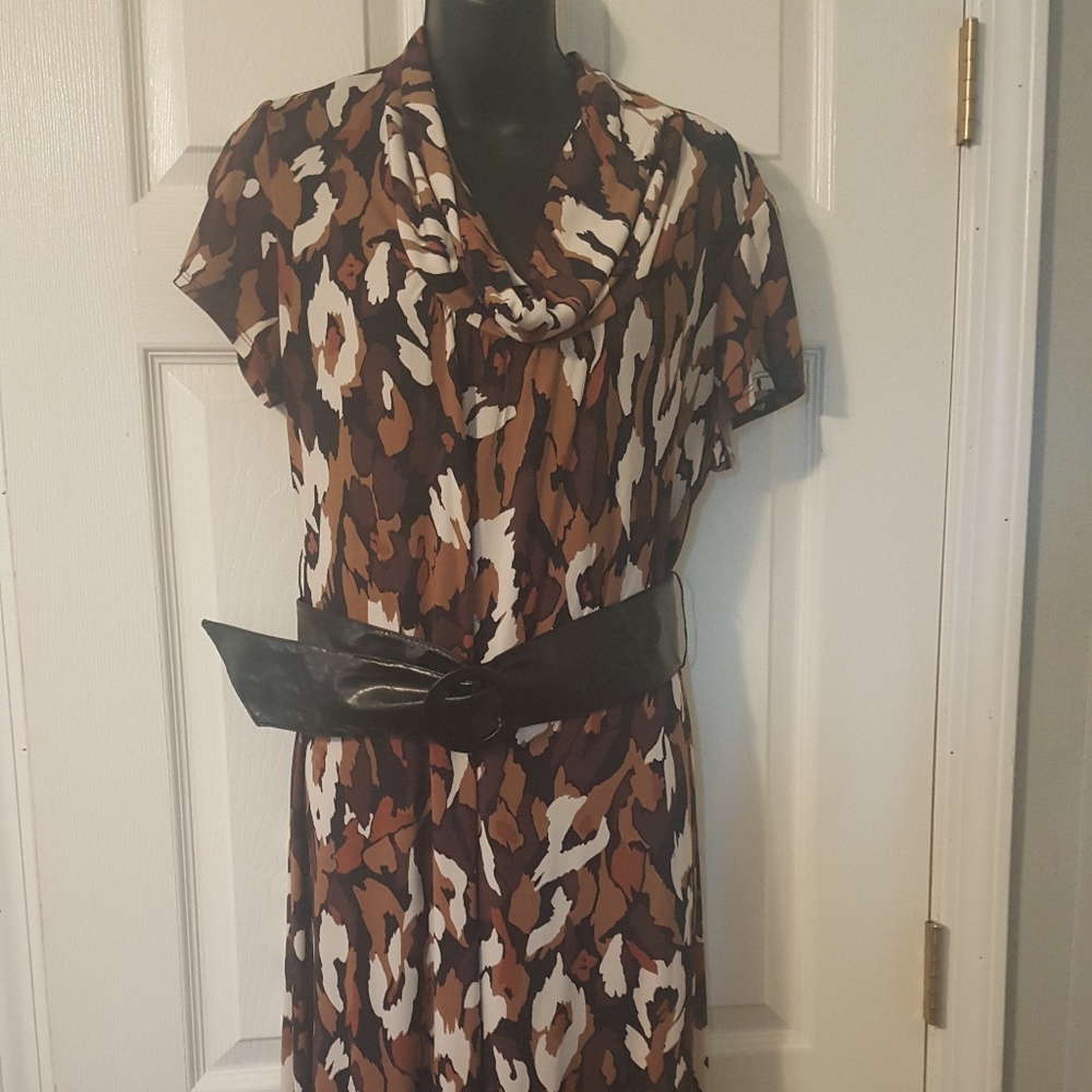Multi-Colored Cowl Neck Dress with Belt